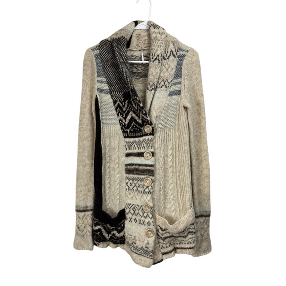 Free People Size XS Boho Patchwork Nordic Scarf Cardigan Sweater Multicolor Wool - Picture 1 of 9